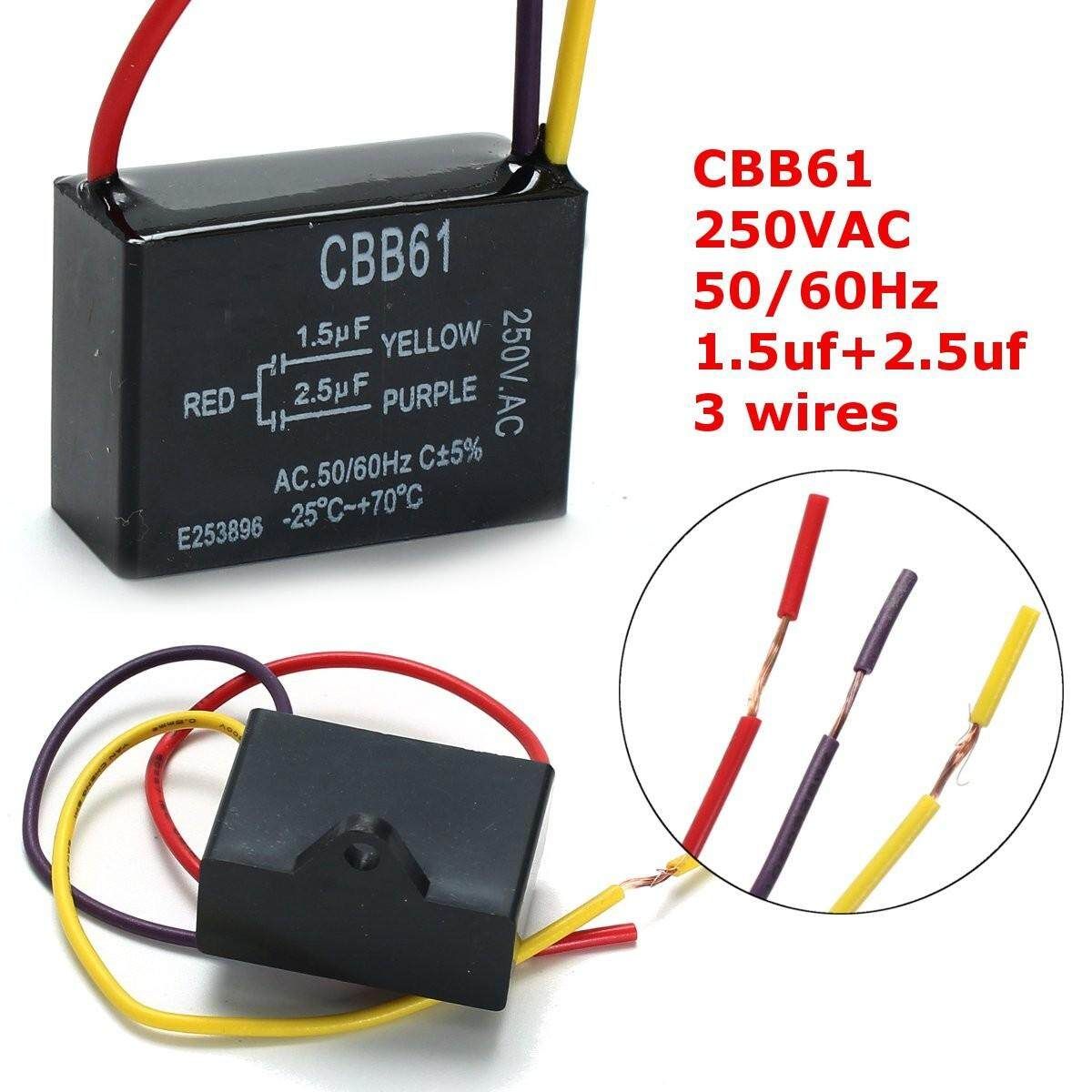 CBB61 1.5uF+2.5uF 250VAC 50/60Hz Ceiling Fan Capacitor 3 Wires -25 To +70°