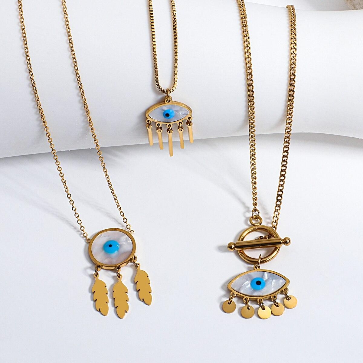 Flashbuy Turkish Evil Eye Stainless Steel Statement Collar Necklace Trendy Fashion Female Ethnic Style Inlaid Shell Jewelry