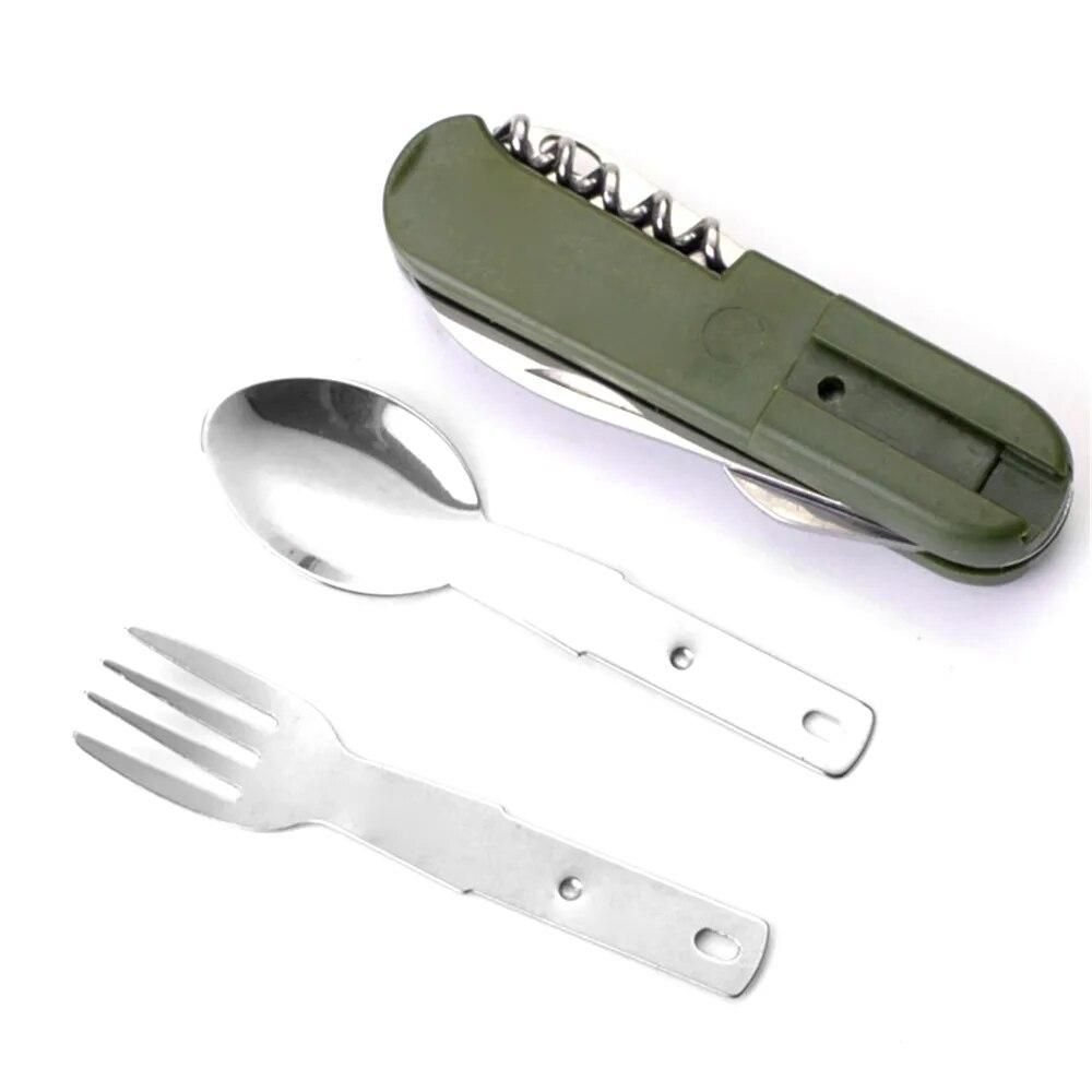 Outdoor Folding Tableware Spoon Fork Multi Hiking Camping Utensil Reusable Picnic Gear Stainless Steel Travel Dinnerware Kit