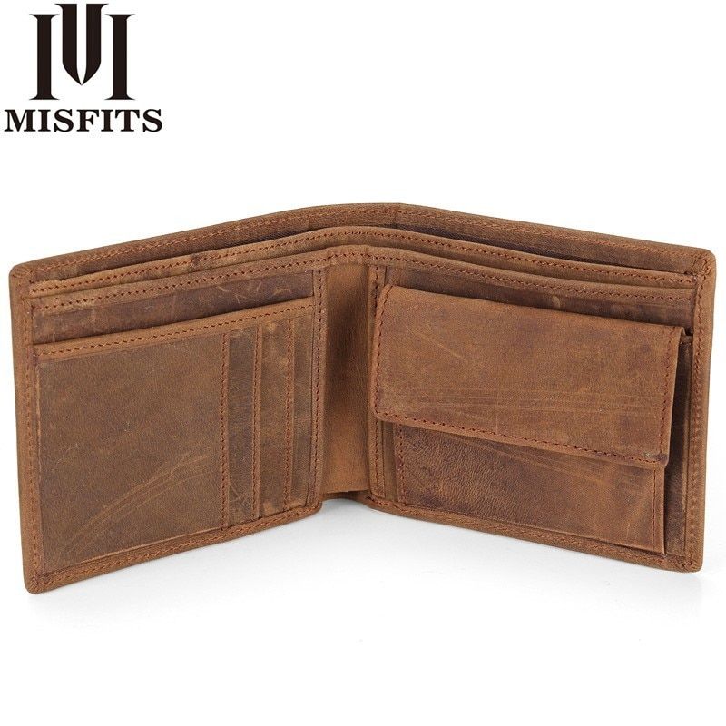 NEW Genuine Leather Mens Wallets Crazy Horse Leather Men Wallet Coin Pocket And Card Holder High Quality Purses For Male Color Coffee JIE