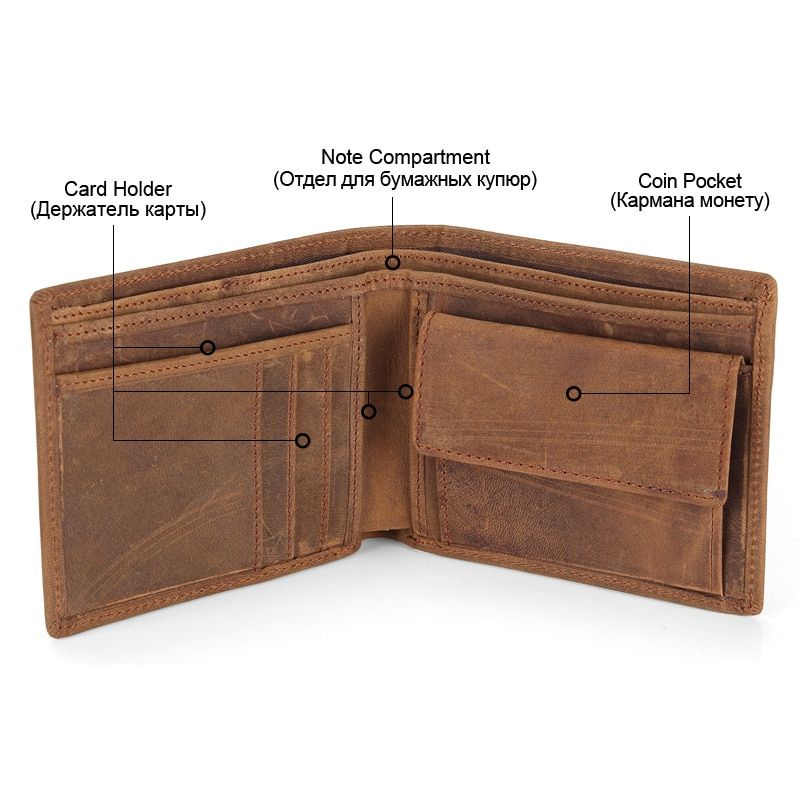 NEW Genuine Leather Mens Wallets Crazy Horse Leather Men Wallet Coin Pocket And Card Holder High Quality Purses For Male Color Coffee JIE