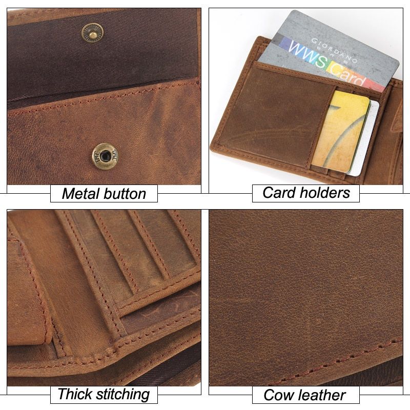 NEW Genuine Leather Mens Wallets Crazy Horse Leather Men Wallet Coin Pocket And Card Holder High Quality Purses For Male Color Coffee JIE