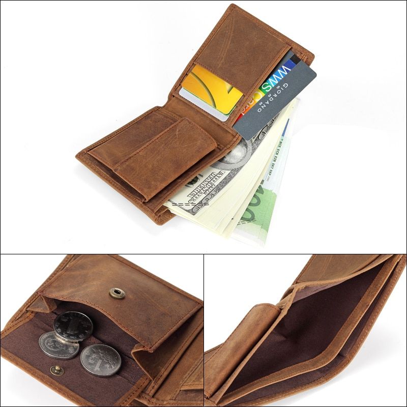 NEW Genuine Leather Mens Wallets Crazy Horse Leather Men Wallet Coin Pocket And Card Holder High Quality Purses For Male Color Coffee JIE