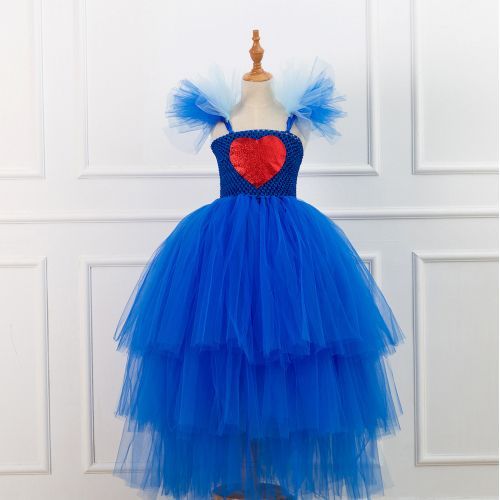 Girls Dress [Red Heart Long Section*Cake Dress*Net Yarn Princess Dress]-Blue