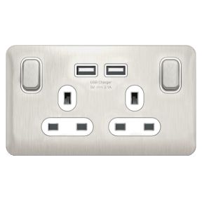 Lisse - 2 Gang 13A 2USB Stainless Steel With White Interior