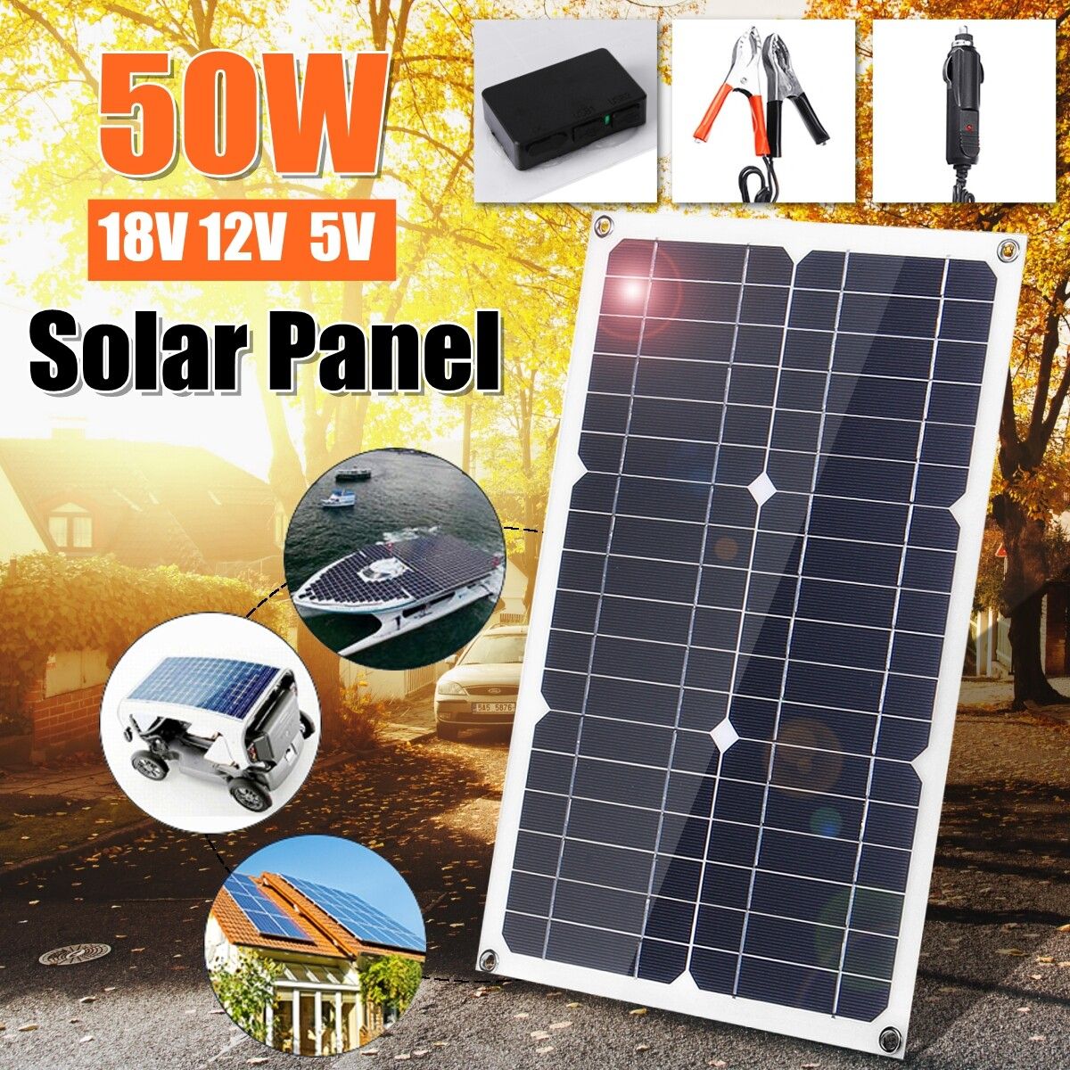 18V & 5V 20W Single Crystal Solar Panel With Dual USB And In-line