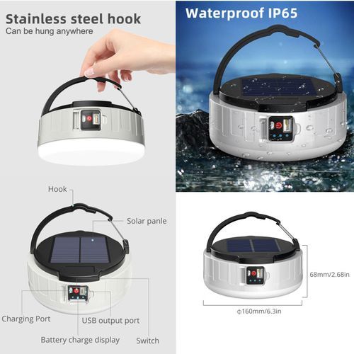 Solar USB Charging Portable Hook Strong LED Camping Light Lanterns 3 Gears Remote Dimming Emergency