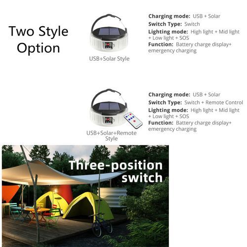 Solar USB Charging Portable Hook Strong LED Camping Light Lanterns 3 Gears Remote Dimming Emergency