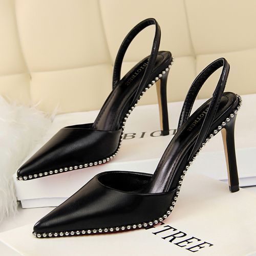 Ladies Heels Rock Metal Bead Rivet Rim Sexy Sandals Black