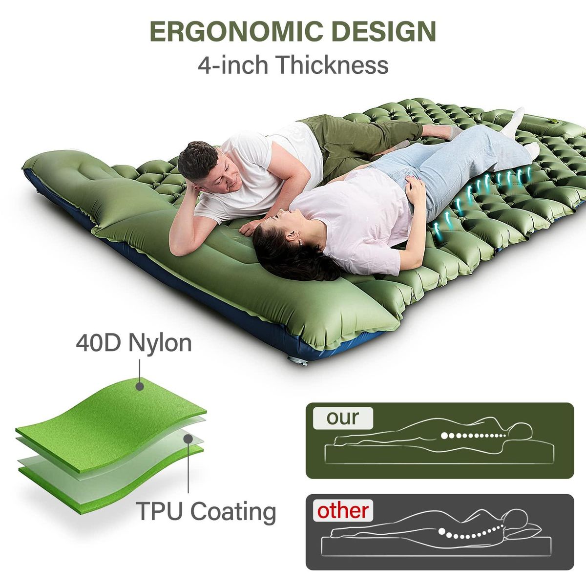 Double Inflatable Camping Pad Foot Press Ultralight 2 Person Camping Mat