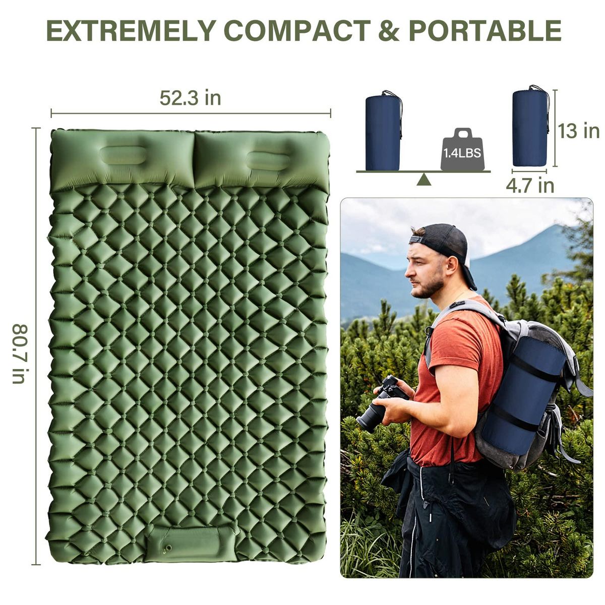 Double Inflatable Camping Pad Foot Press Ultralight 2 Person Camping Mat