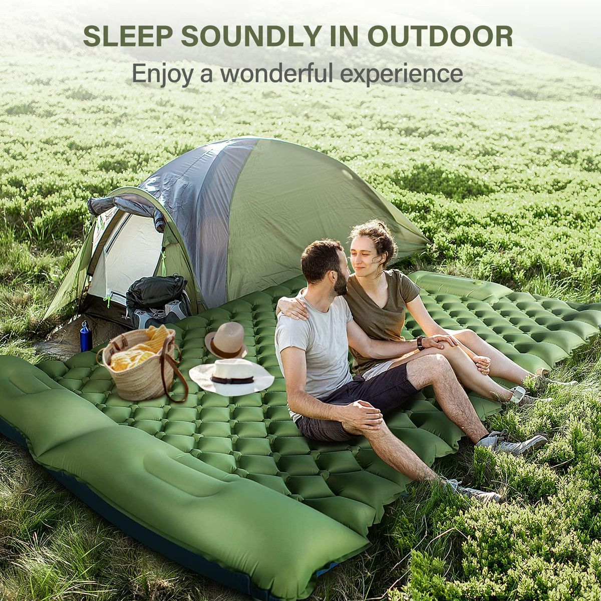 Double Inflatable Camping Pad Foot Press Ultralight 2 Person Camping Mat