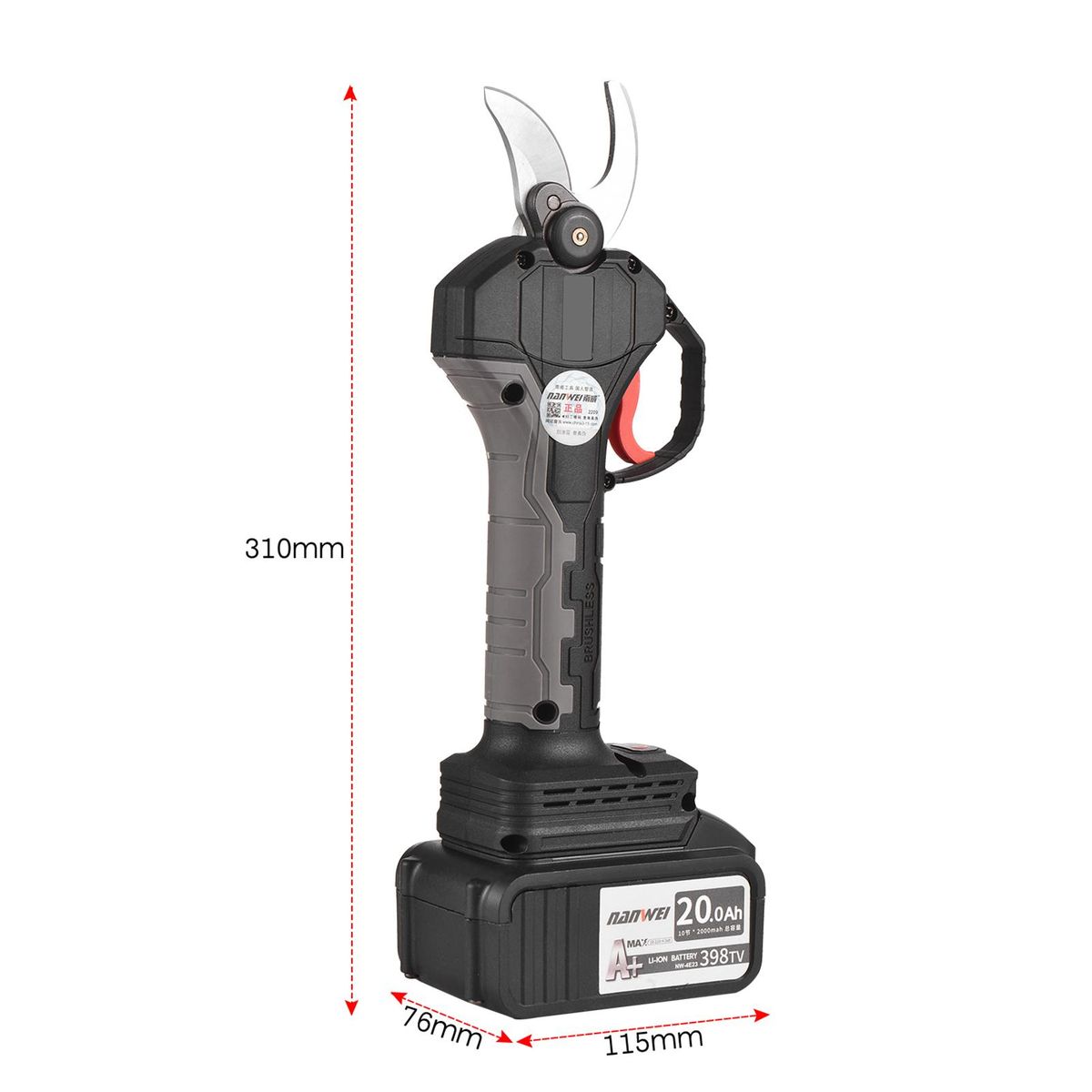 Nanwei 21V Brushless Cordless Electric Pruning Shears Rechargeable 20Ah Lithium Battery Powered Tree Branch Pruner Garden Clippers 30mm Cutting Diameter with Replacement Blade 4000mAh