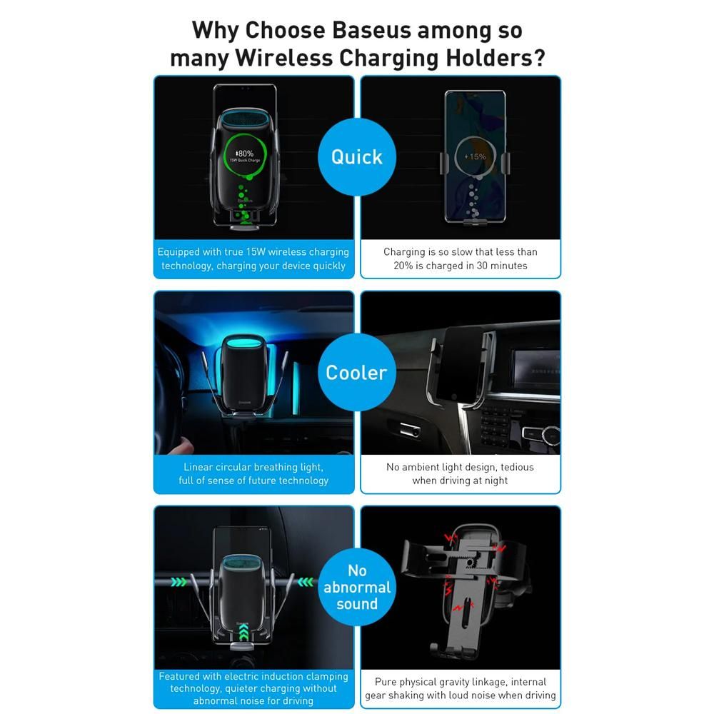 Baseus Wireless Car Charger 15W Fast Charging Auto-Clamping Car Mount LED Intelligent Auto Lock Electric Bracket Stable Quick Charge Phone Holder Windshield Dash Air Vent Phone Holder Compatible with iPhone 12/11/11 Pro/11 Pr