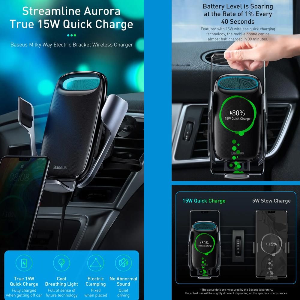 Baseus Wireless Car Charger 15W Fast Charging Auto-Clamping Car Mount LED Intelligent Auto Lock Electric Bracket Stable Quick Charge Phone Holder Windshield Dash Air Vent Phone Holder Compatible with iPhone 12/11/11 Pro/11 Pr