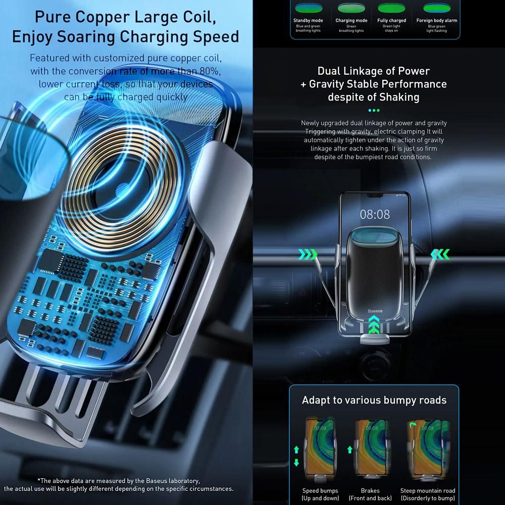 Baseus Wireless Car Charger 15W Fast Charging Auto-Clamping Car Mount LED Intelligent Auto Lock Electric Bracket Stable Quick Charge Phone Holder Windshield Dash Air Vent Phone Holder Compatible with iPhone 12/11/11 Pro/11 Pr