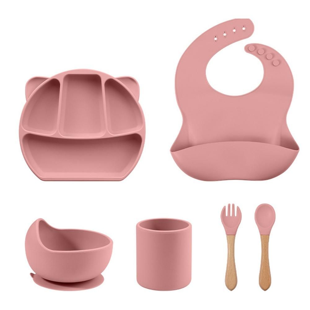 Baby Feeding Set,Silicone Divided Plate with Suction,Adjustable Bib,Spoon,Fork Set for Kids for Infant Self Eating Kit 1