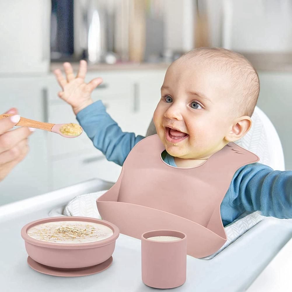 Baby Feeding Set,Silicone Divided Plate with Suction,Adjustable Bib,Spoon,Fork Set for Kids for Infant Self Eating Kit 1