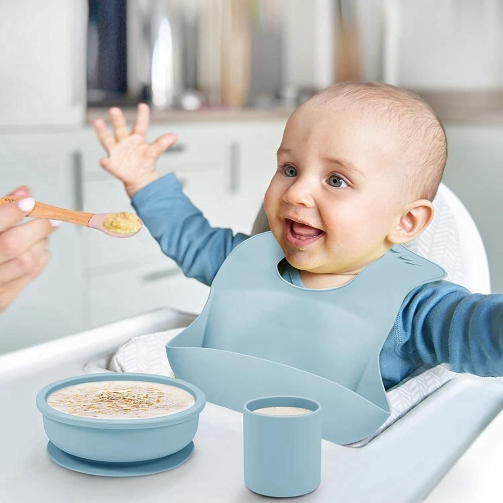 Baby Feeding Set,Silicone Divided Plate with Suction,Adjustable Bib,Spoon,Fork Set for Kids for Infant Self Eating Kit 1