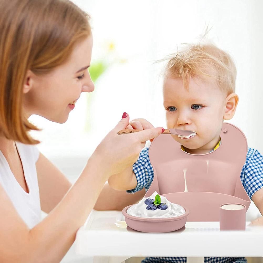Baby Feeding Set,Silicone Divided Plate with Suction,Adjustable Bib,Spoon,Fork Set for Kids for Infant Self Eating Kit 1
