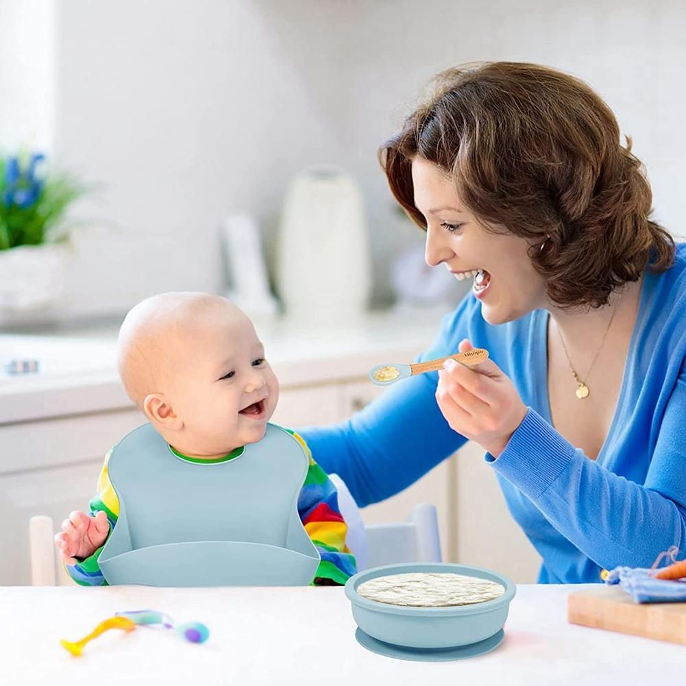 Baby Feeding Set,Silicone Divided Plate with Suction,Adjustable Bib,Spoon,Fork Set for Kids for Infant Self Eating Kit 1