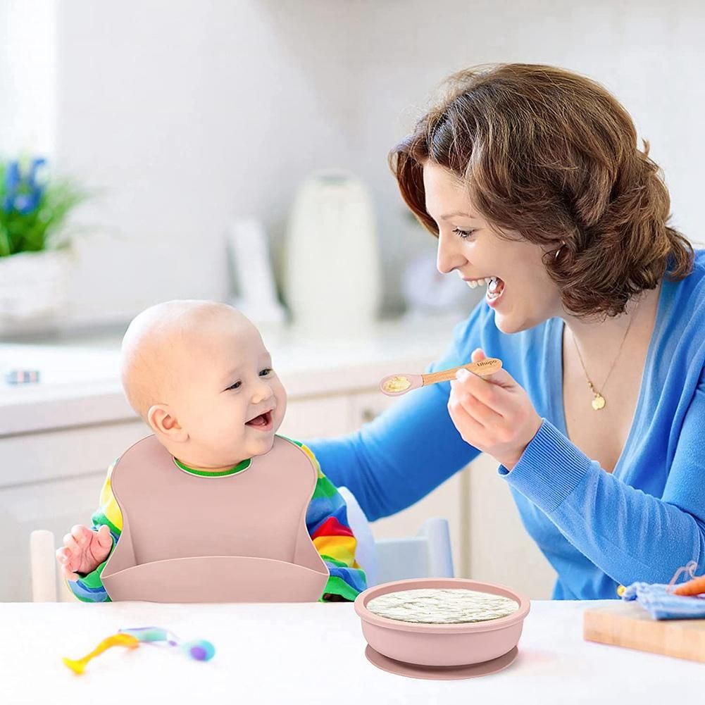 Baby Feeding Set,Silicone Divided Plate with Suction,Adjustable Bib,Spoon,Fork Set for Kids for Infant Self Eating Kit 1