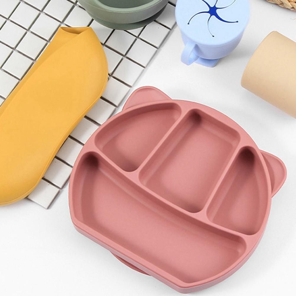 Baby Feeding Set,Silicone Divided Plate with Suction,Adjustable Bib,Spoon,Fork Set for Kids for Infant Self Eating Kit 1