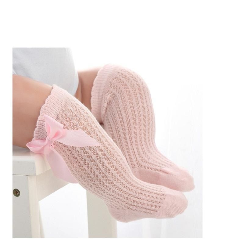 Girl Fashionable Knee Bow Socks - Mesh Design - Pink