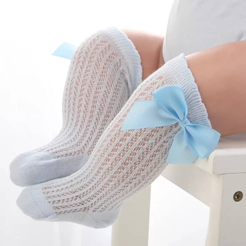 Girl Fashionable Knee Bow Socks - Mesh Design - Skyblue