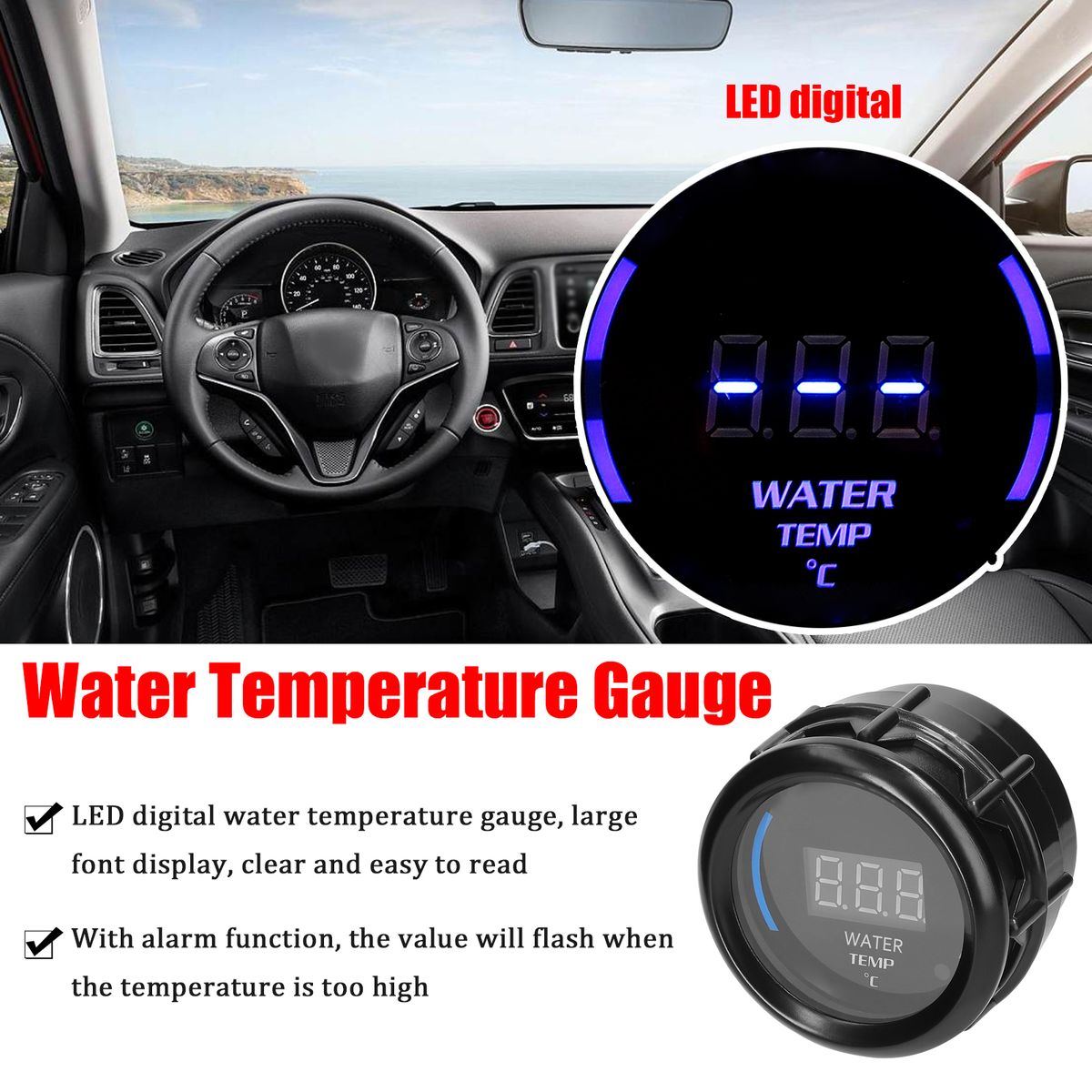 52mm Water Temperature Gauge Car Digital Meter LED Display