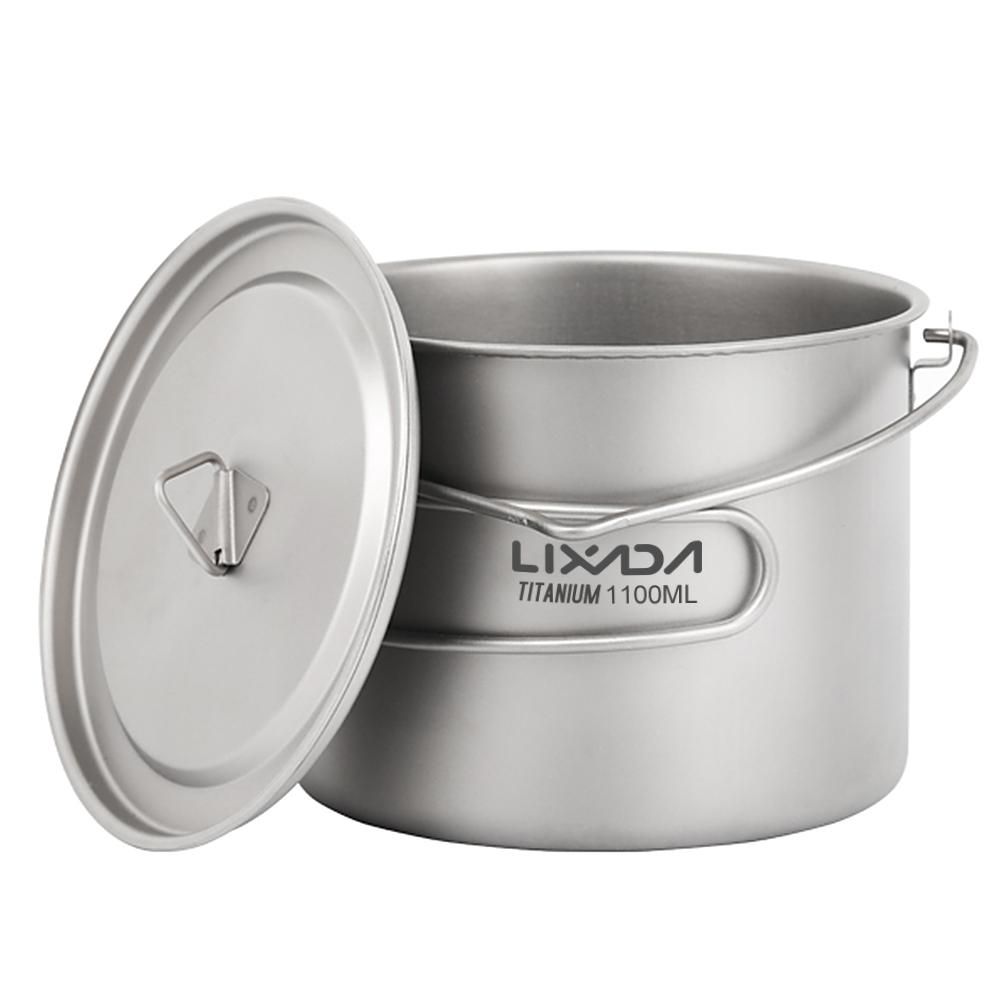Lixada 750ml/900ml/1100ml Ultralight Titanium Pot Water Mug Cup with Lid and Foldable Handle Outdoor Camping Cooking Picnic