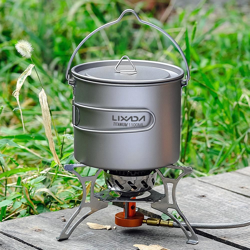 Lixada 750ml/900ml/1100ml Ultralight Titanium Pot Water Mug Cup with Lid and Foldable Handle Outdoor Camping Cooking Picnic
