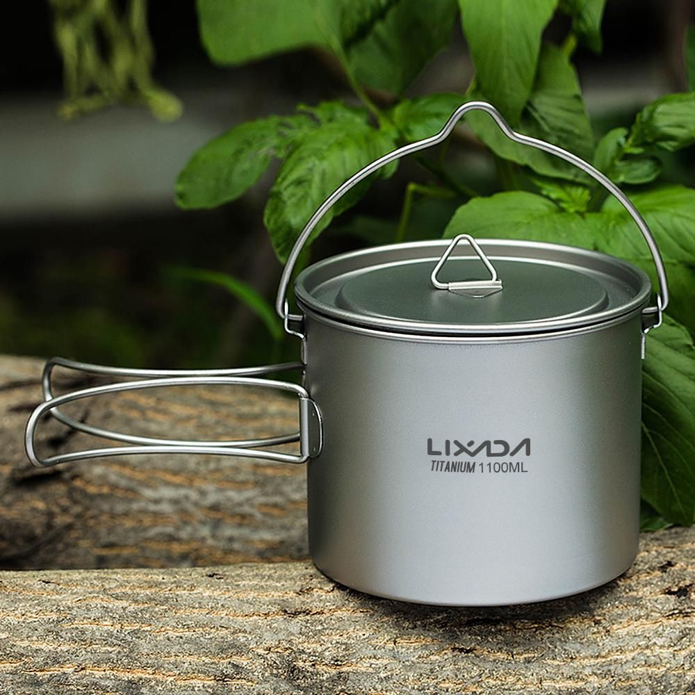 Lixada 750ml/900ml/1100ml Ultralight Titanium Pot Water Mug Cup with Lid and Foldable Handle Outdoor Camping Cooking Picnic