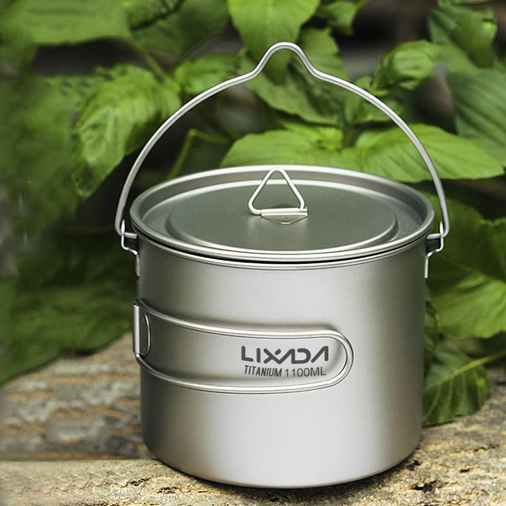 Lixada 750ml/900ml/1100ml Ultralight Titanium Pot Water Mug Cup with Lid and Foldable Handle Outdoor Camping Cooking Picnic