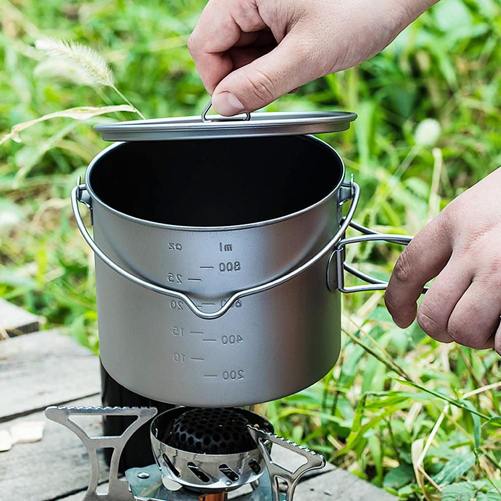 Lixada 750ml/900ml/1100ml Ultralight Titanium Pot Water Mug Cup with Lid and Foldable Handle Outdoor Camping Cooking Picnic