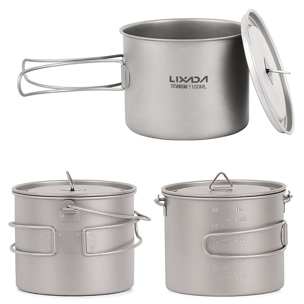 Lixada 750ml/900ml/1100ml Ultralight Titanium Pot Water Mug Cup with Lid and Foldable Handle Outdoor Camping Cooking Picnic