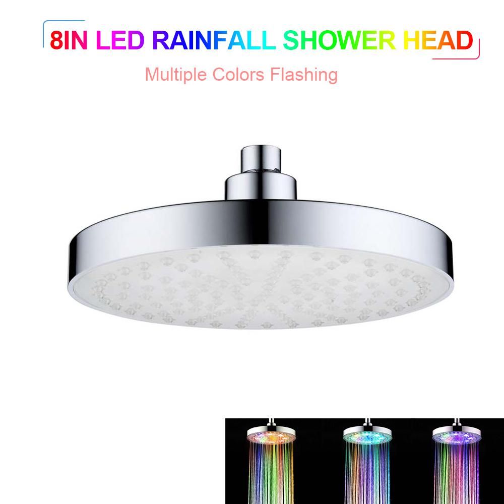 LED Rainfall Shower Head 8inch Round Shower Head Multiple Colors Automatically Color-Changing Showerhead for Bathroom
