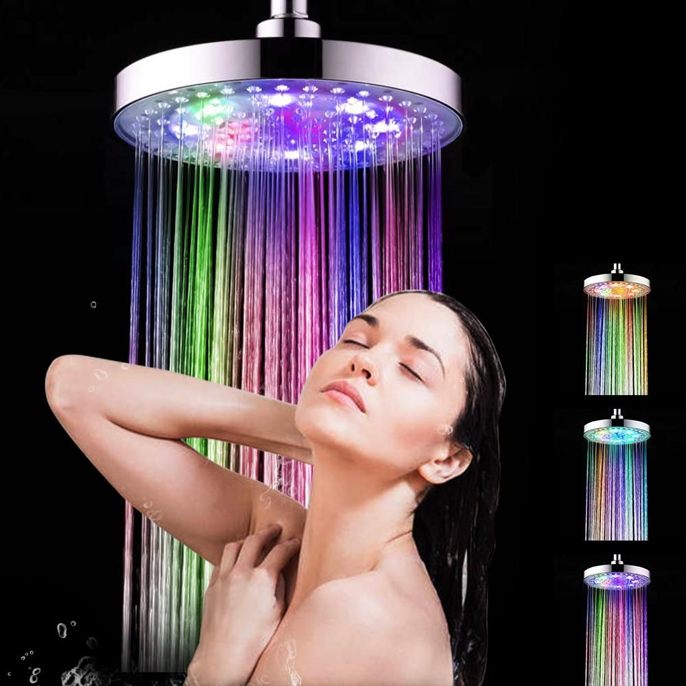 LED Rainfall Shower Head 8inch Round Shower Head Multiple Colors Automatically Color-Changing Showerhead for Bathroom
