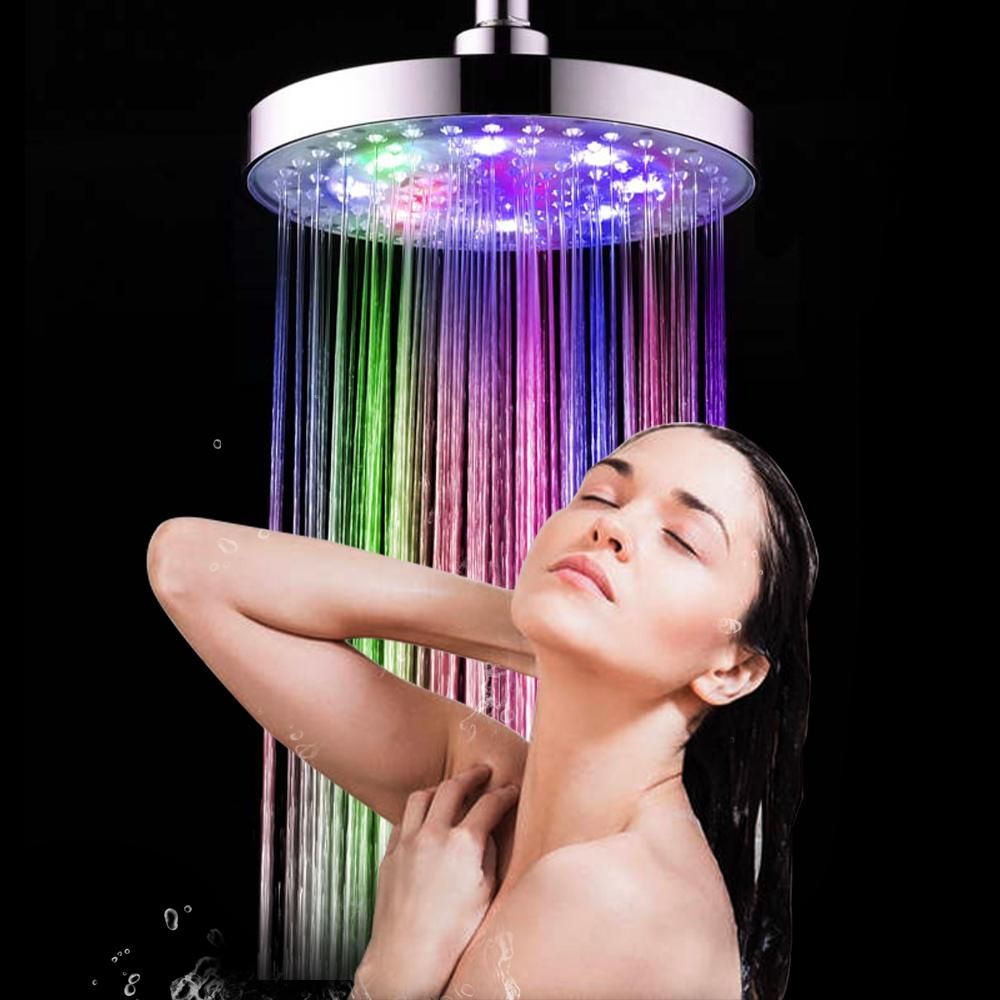 LED Rainfall Shower Head 8inch Round Shower Head Multiple Colors Automatically Color-Changing Showerhead for Bathroom