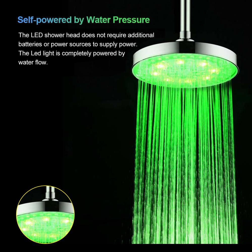 LED Rainfall Shower Head 8inch Round Shower Head Multiple Colors Automatically Color-Changing Showerhead for Bathroom