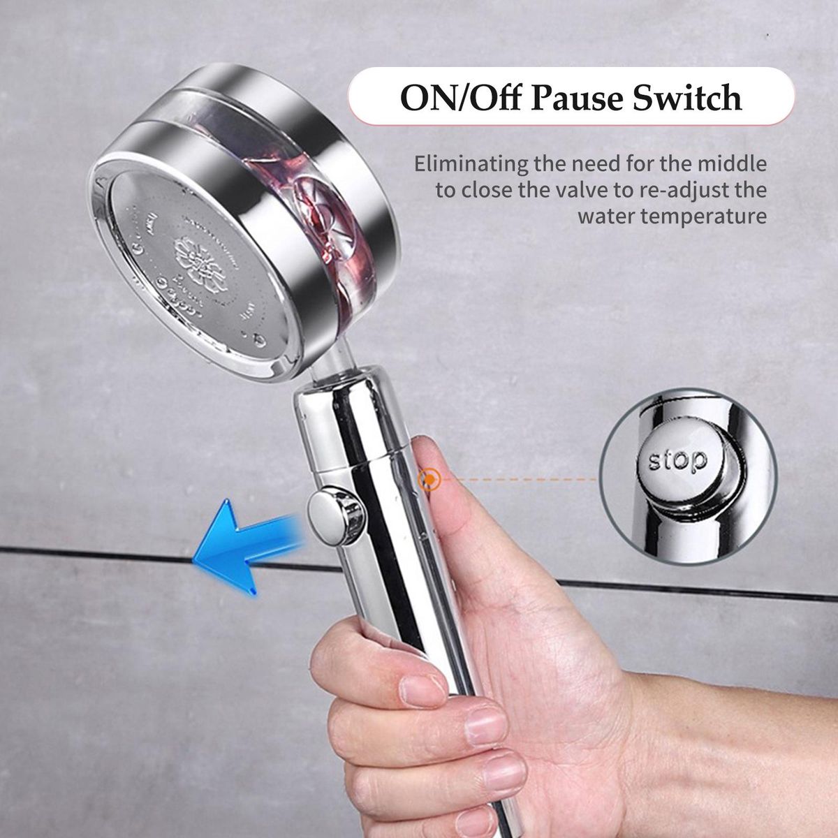 High Pressure Handheld Shower Head with 1.5m Hose Bracket Turbo Fan ON/Off Pause Switch Water Saving Showerhead G1/2 Rotating Bathroom Shower Head