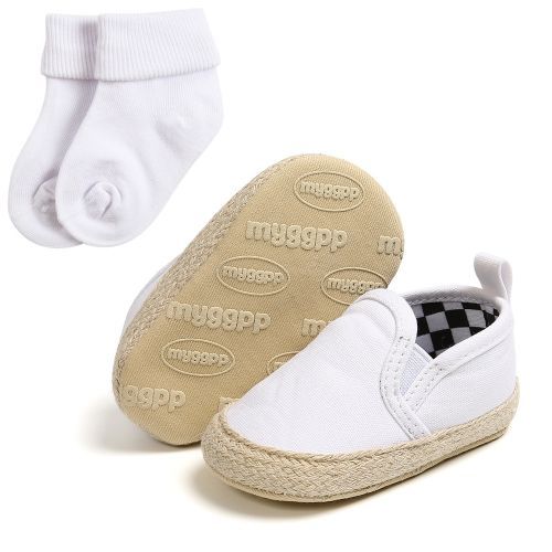 Baby Boys White Toddler Loafers Shoe + Cute Socks