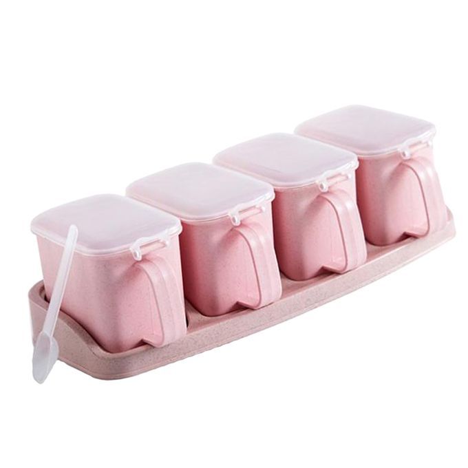 Plastic Empty Spice Jar Set With Labels 4-Grid Pink