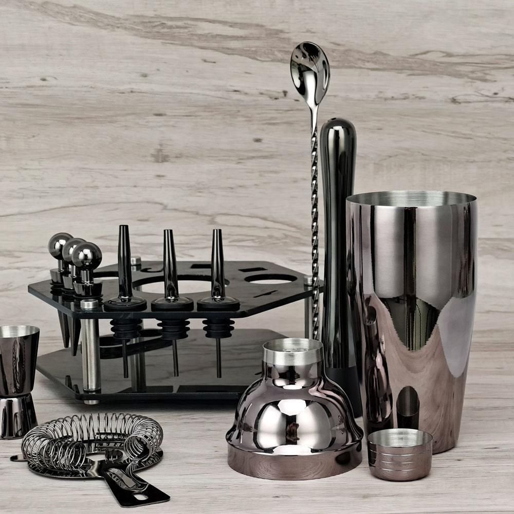 14pcs Bar Cocktail Set Shaker Drink Making Kit Stainless Steel Mixer Making Gift with Storage Rack