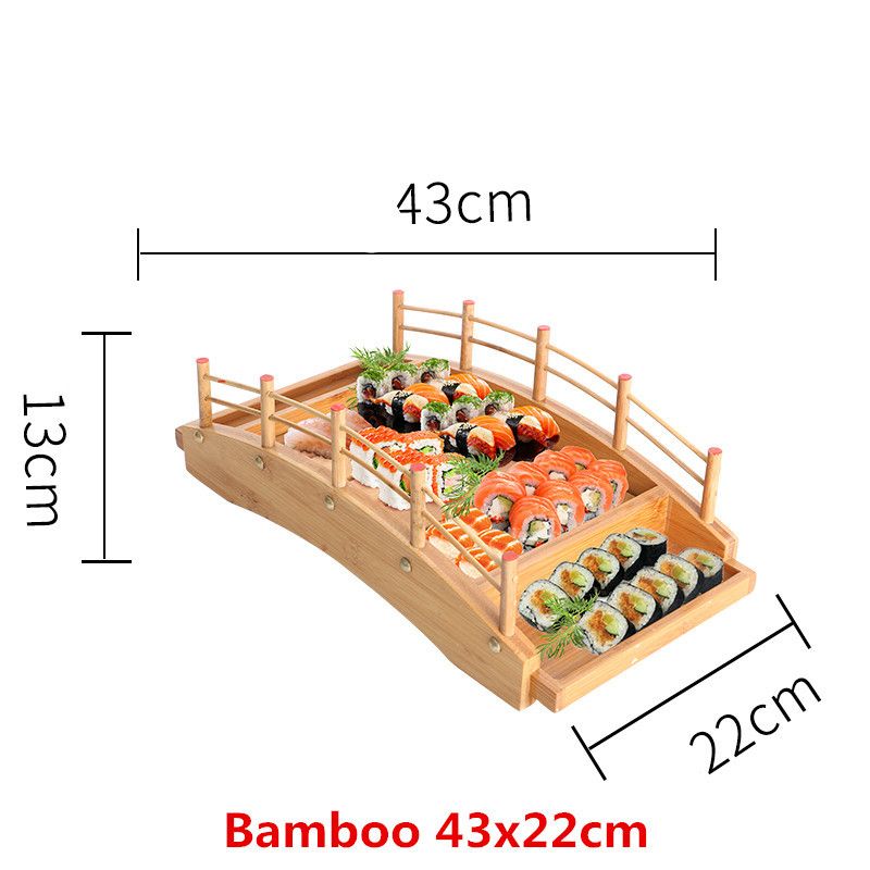 Japanese Wooden Bamboo Cuisine Creative Sushi Plate Tray Bridge Boat Pine Platter Sushi Tableware Decoration Kawaii Kitchen Tool