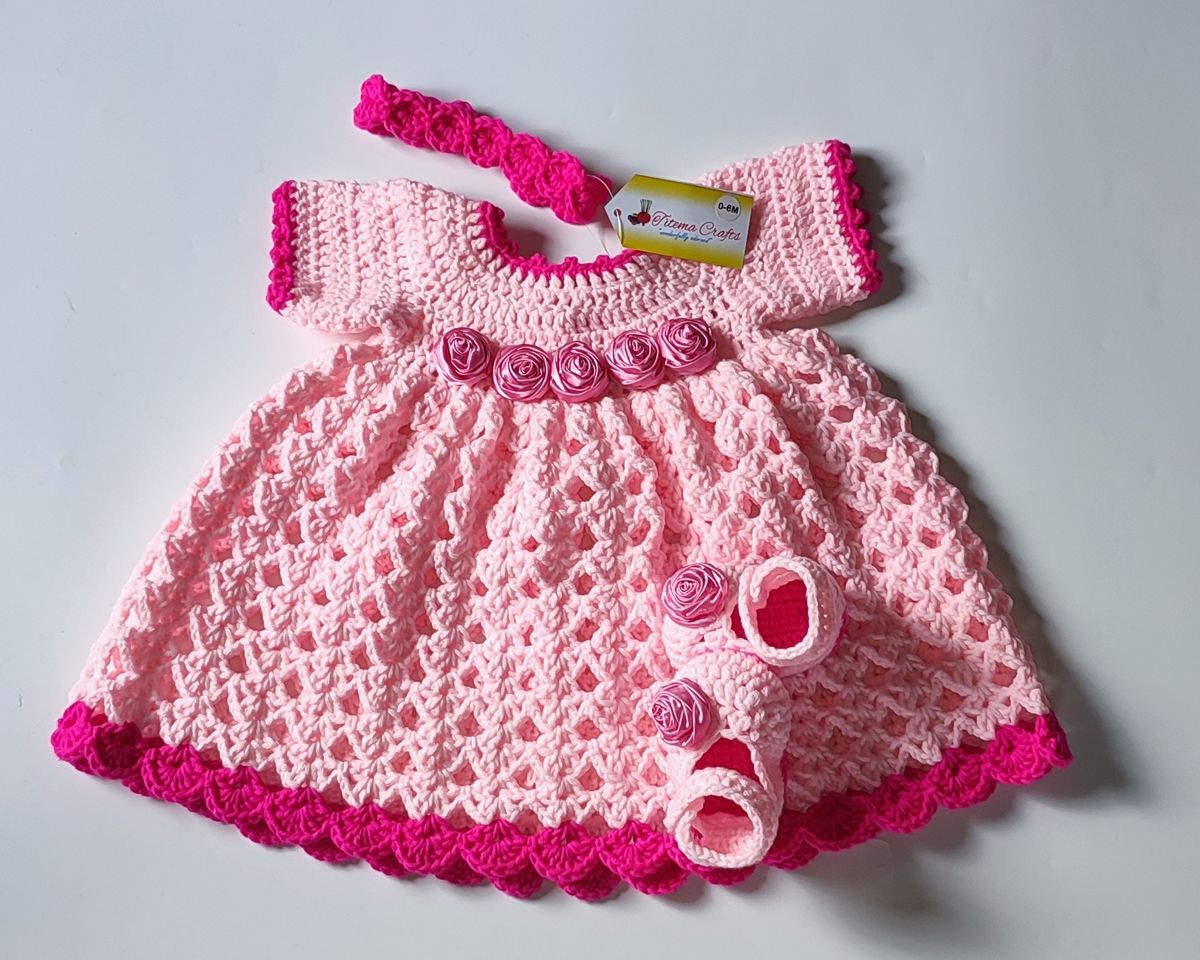 Pink Crochet Baby Gown Dress With Roses