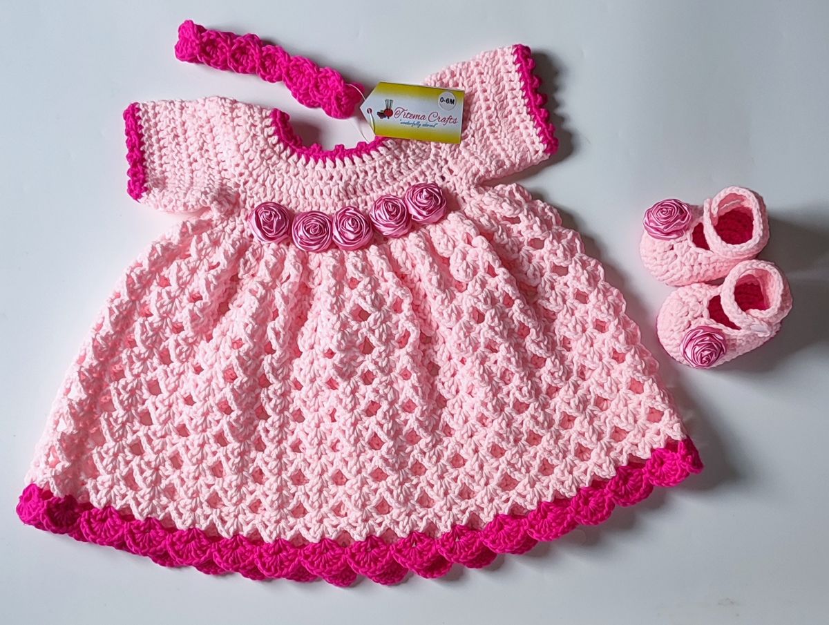 Pink Crochet Baby Gown Dress With Roses