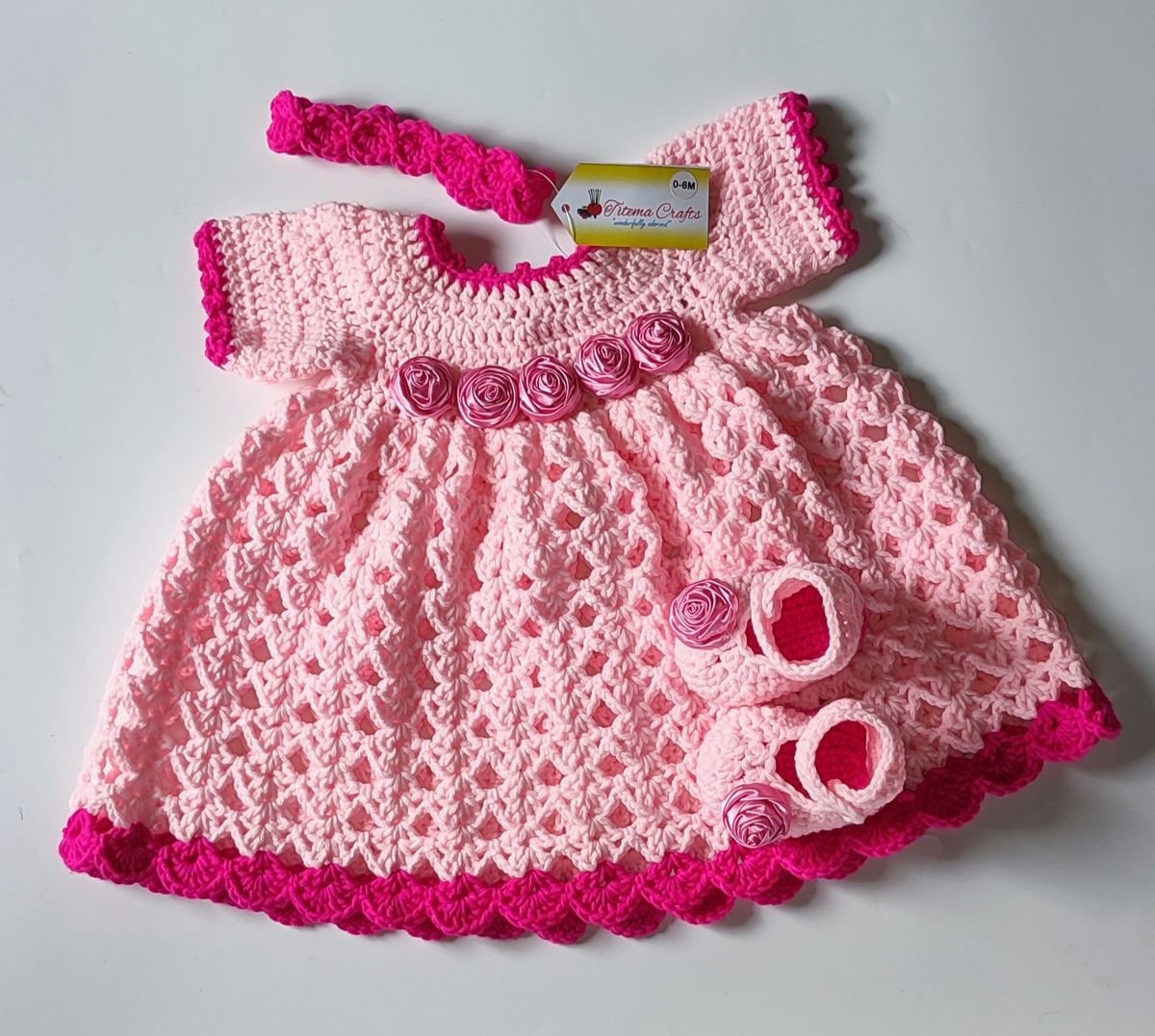 Pink Crochet Baby Gown Dress With Roses