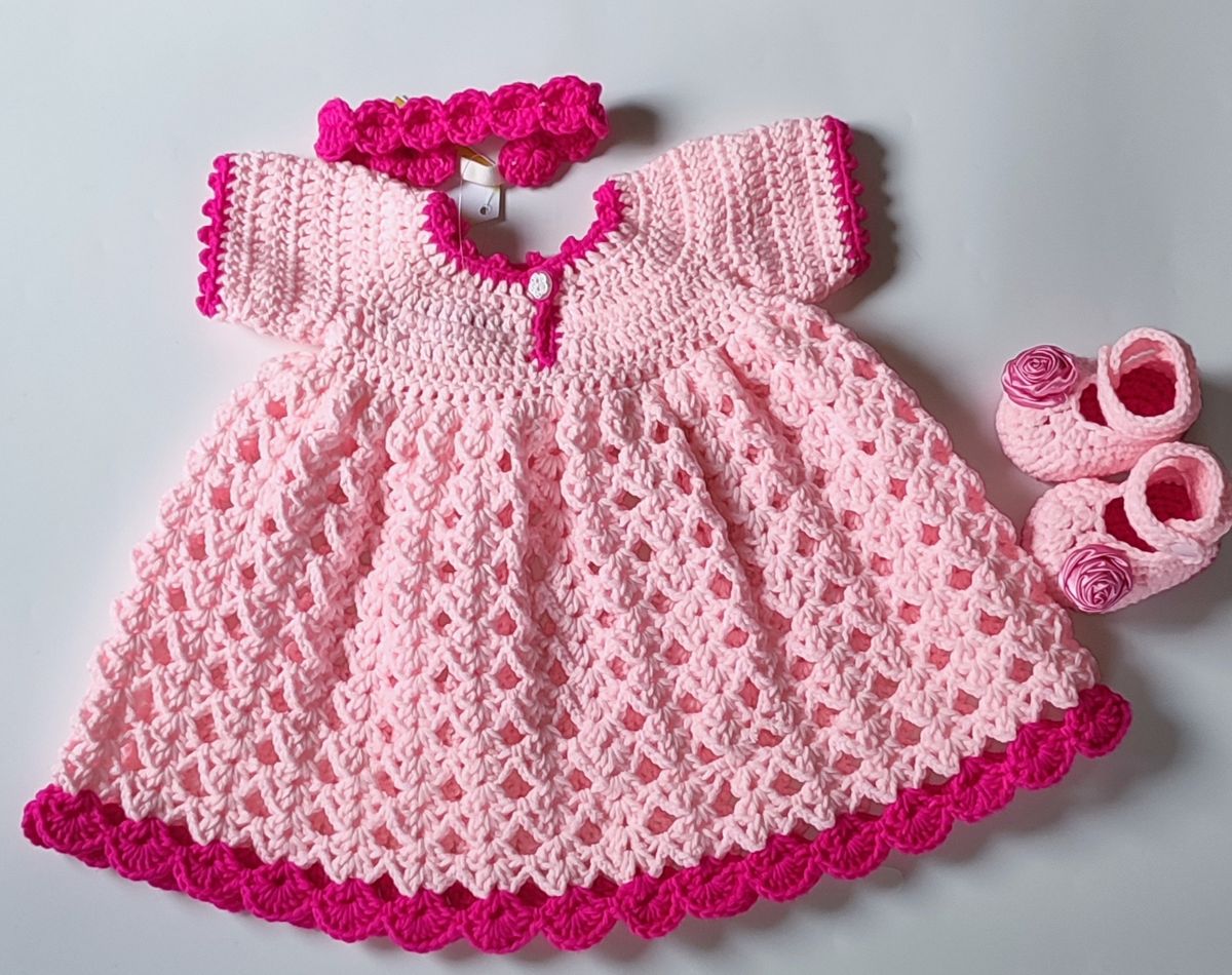 Pink Crochet Baby Gown Dress With Roses