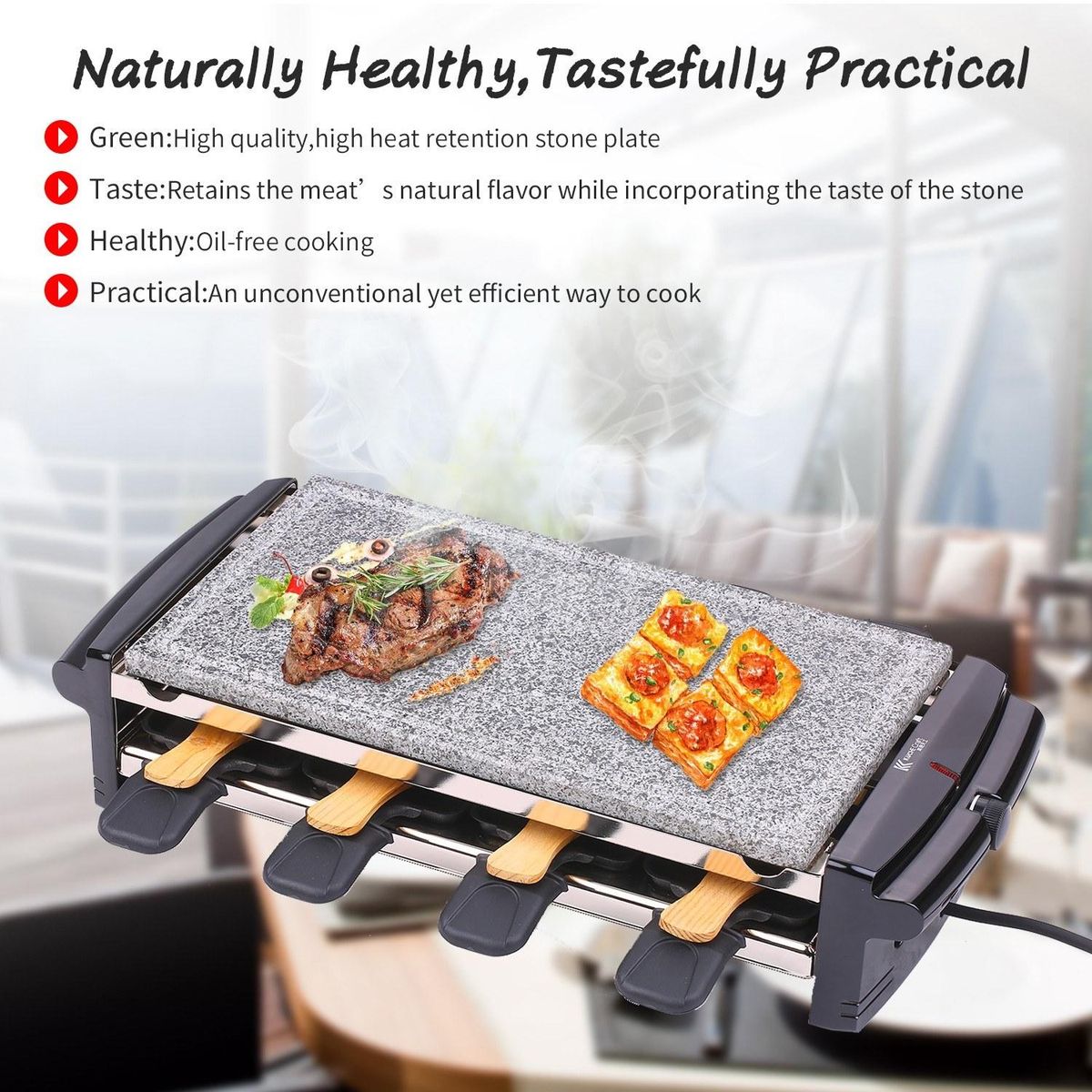Pan Fry Stone Grill Electric Smokeless BBQ Nonstick Barbecue Multifunctional Fry Stone Grill Hot Stone Cooking with 8 Baking Pans for Household and Outdoors EU Plug